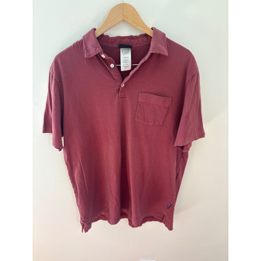 Patagonia Mens Organic Cotton Striped Polo‎ Shirt Red Navy Blue Large Pocket